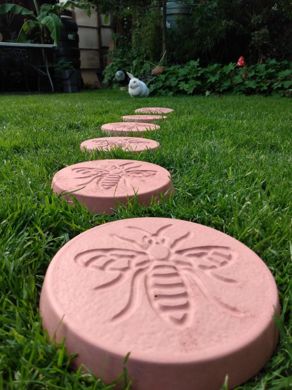 Pack of 6 bee design stepping stones in a terracotta colour.